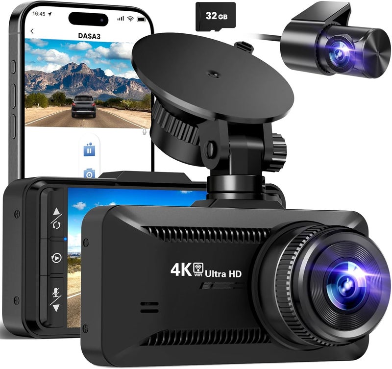 SUVCON Dash Cam Front and Rear 4K/1080P, Dash Camera for Cars Build in WiFi, Full HD Dash Cam with APP Control, 3.94'' IPS Screen Dash Camera with 32GB SD Card, G-Sensor, 24Hr Parking Mote, Loop Recording - Image 1